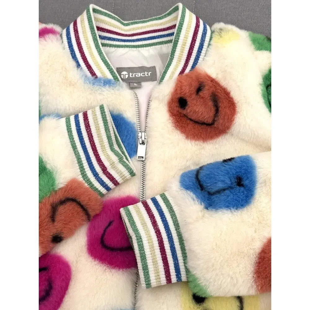 Tractr Big Girls Smiley Face Faux Fur Bomber Jacket L White Rainbow Plush Coat
